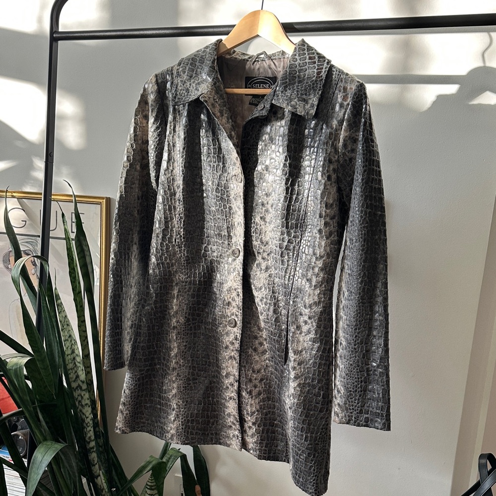 Black Crocodile Pattern Leather Jacket